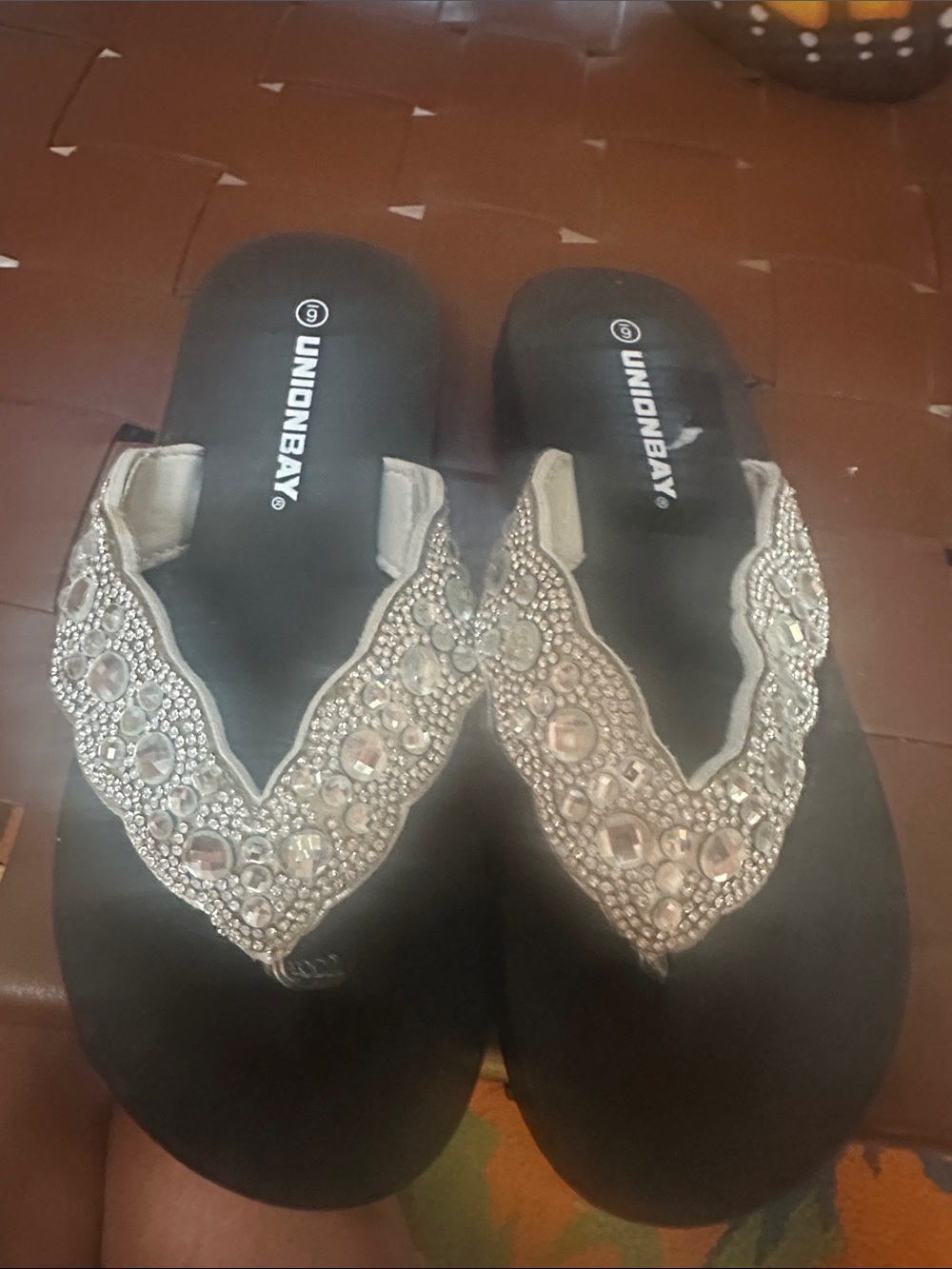 UNIONBAY Black Sandals with Silver Beaded Embellishments